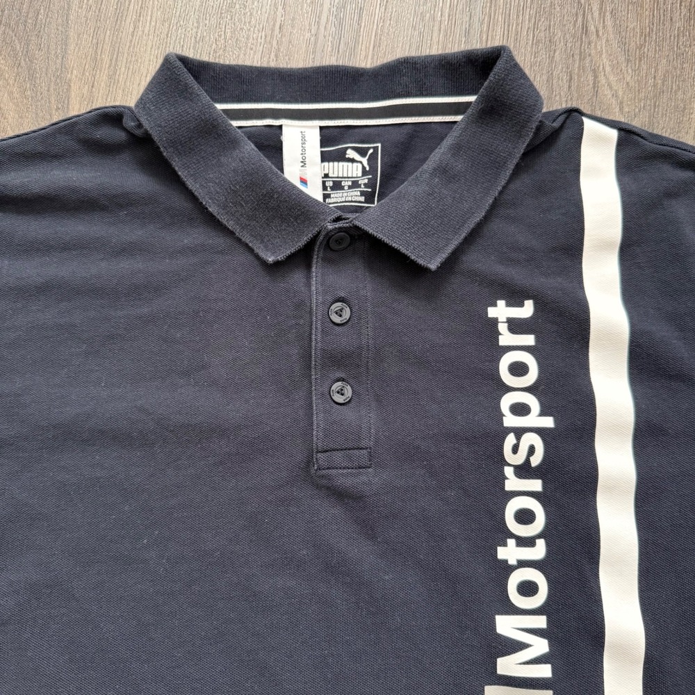 Puma BMW M Motorsport Polo Shirt Mens Large Navy Blue Short Sleeve Racing *flaw
